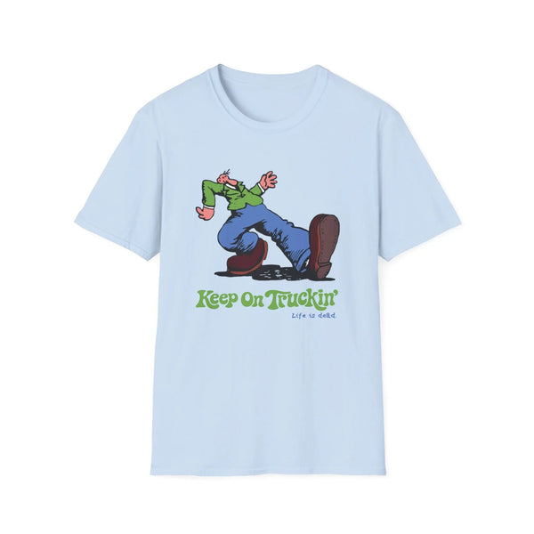 Light blue graphic T-shirt with cartoon rider and "Keep On Truckin'" text on front