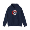 Navy pullover hoodie with front kangaroo pocket and circular team logo
