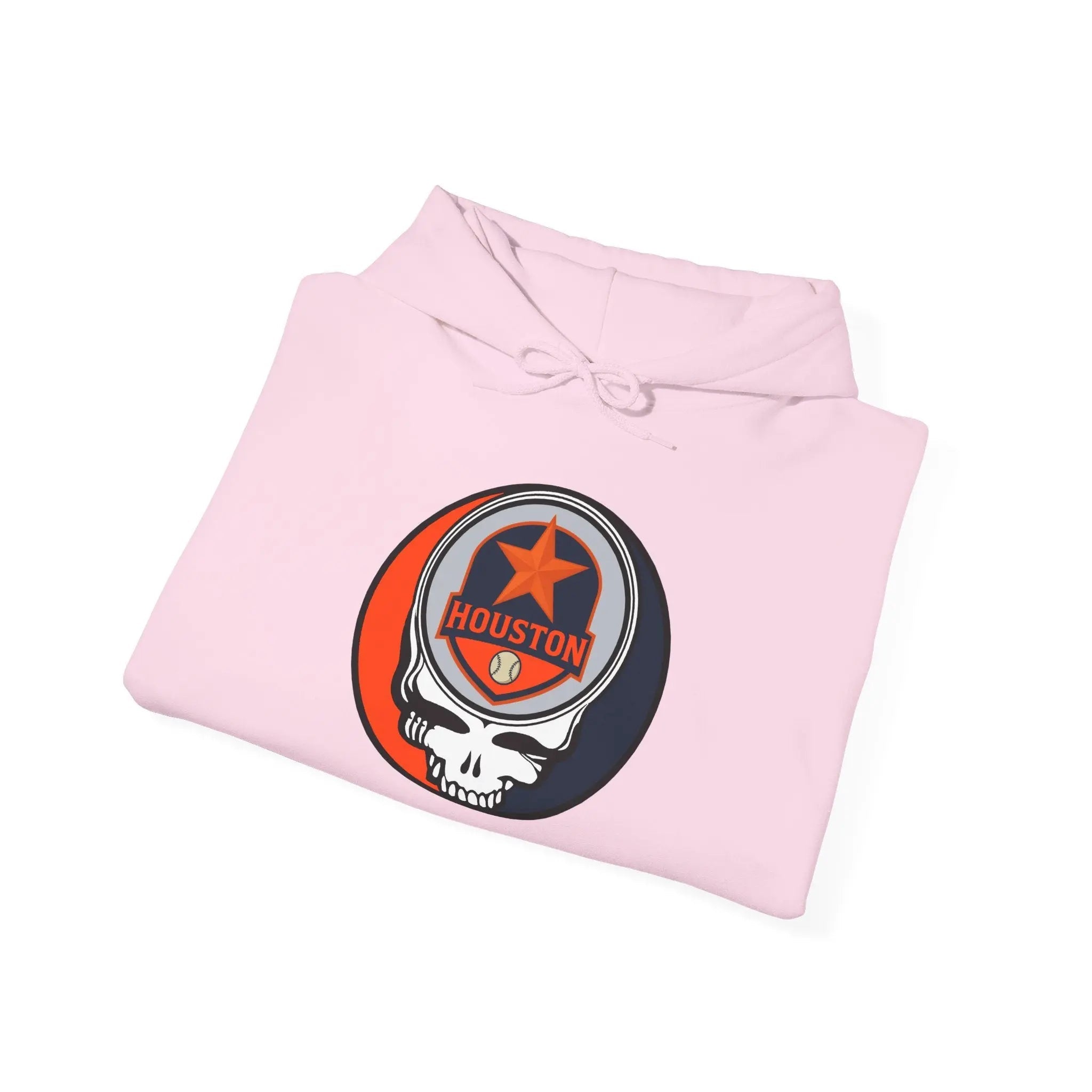 Light pink pullover hoodie with Houston logo patch and drawstring hood