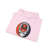 Light pink pullover hoodie with Houston logo patch and drawstring hood
