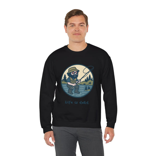 Black crewneck sweatshirt with fishing character graphic and 'Life is dead.'