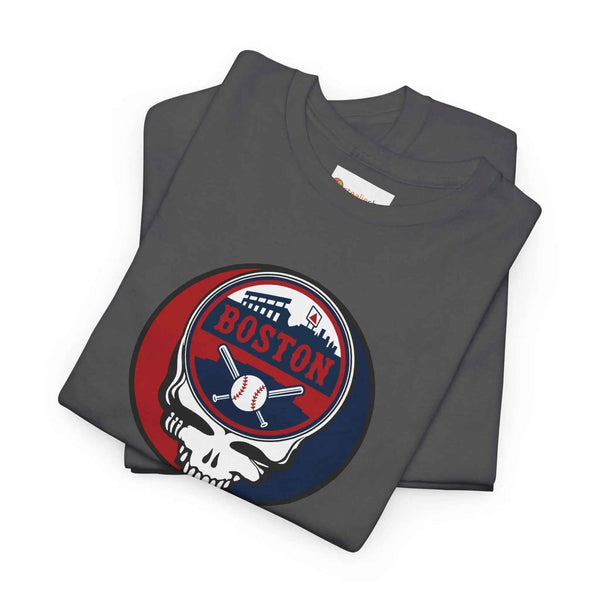 Charcoal gray T-shirt with circular Boston logo skull and baseball print
