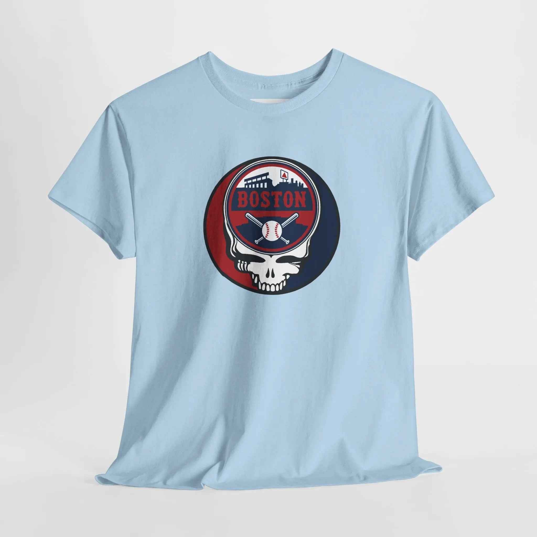 Light blue crewneck T-shirt with circular Boston logo and skull graphic