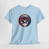 Light blue crewneck T-shirt with circular Boston logo and skull graphic