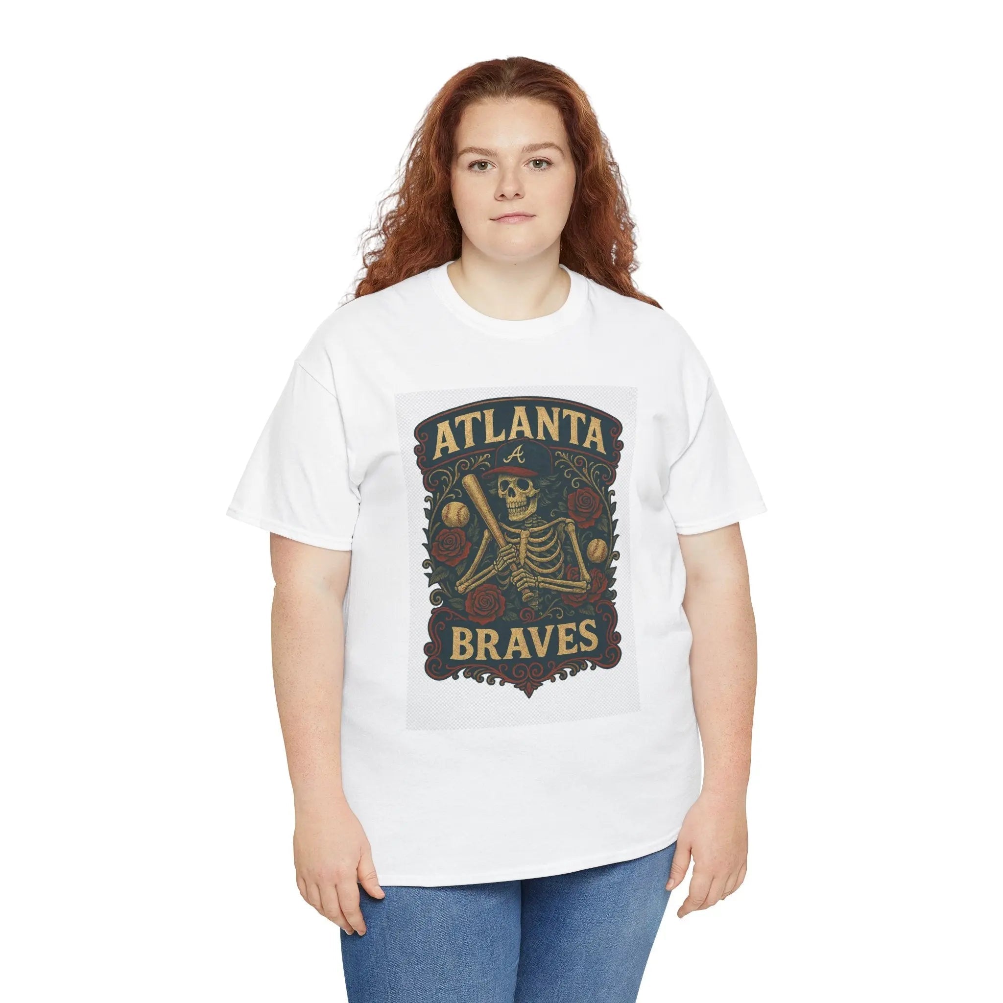 White short-sleeve T-shirt with Atlanta Braves skeleton shield graphic, worn