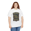 White short-sleeve T-shirt with Atlanta Braves skeleton shield graphic, worn