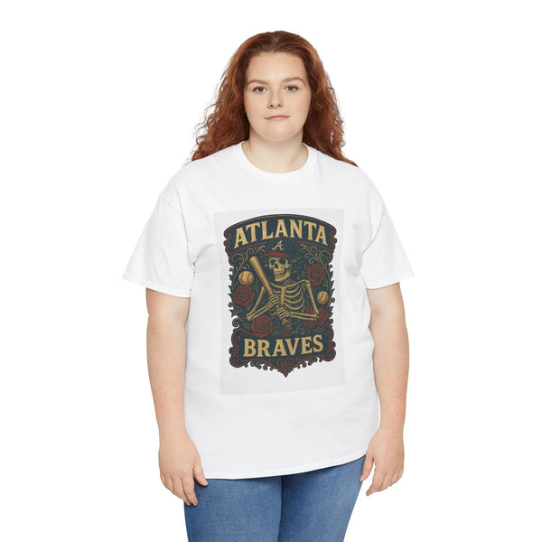 White short-sleeve T-shirt with Atlanta Braves skeleton shield graphic, worn