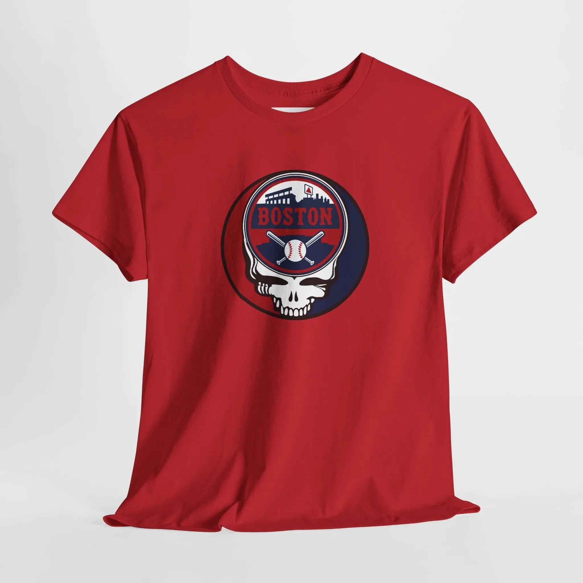 Red Boston Red Sox T-shirt with circular skull team logo graphic
