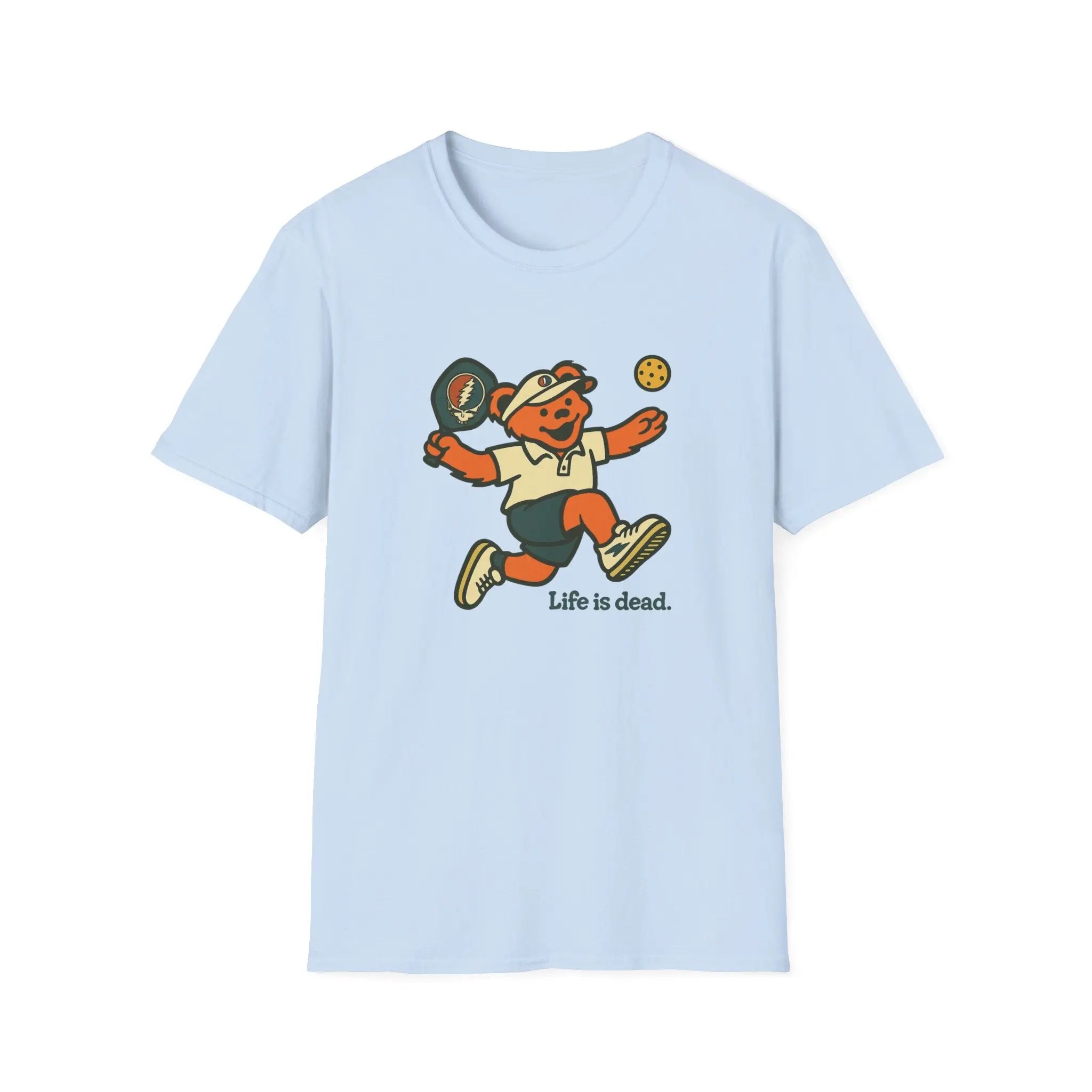 Light blue crewneck t-shirt with running bear holding pickleball paddle and 'Life is dead.'