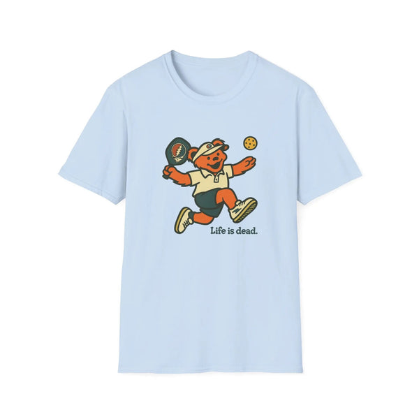 Light blue crewneck t-shirt with running bear holding pickleball paddle and 'Life is dead.'