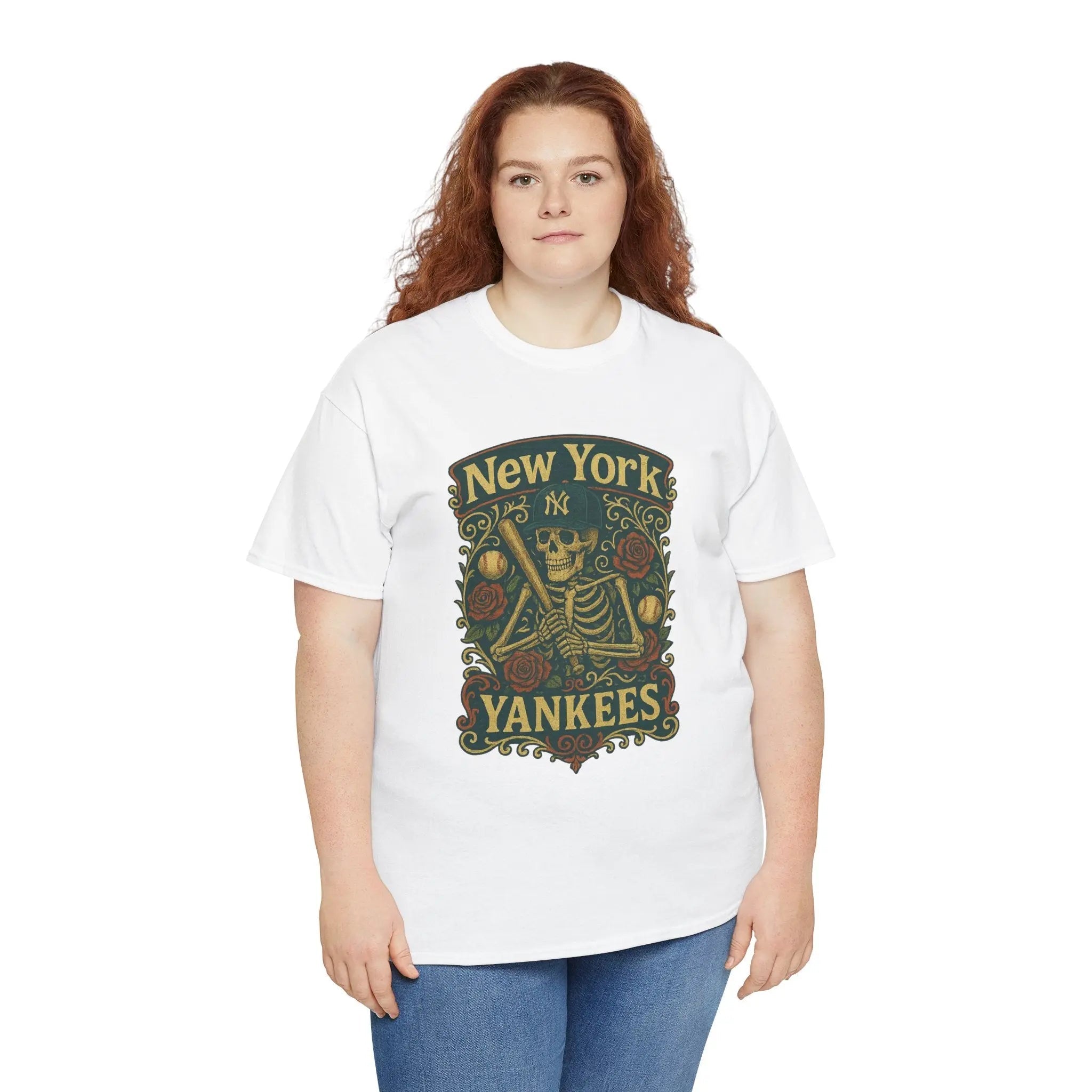 White short-sleeve T-shirt with green New York Yankees skeleton emblem, worn by model