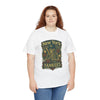 White short-sleeve T-shirt with green New York Yankees skeleton emblem, worn by model