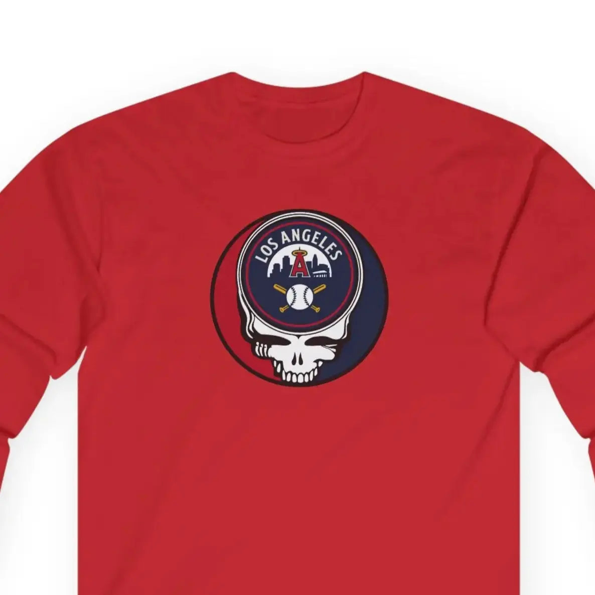 Red long-sleeve T-shirt with Stealie skull logo on the chest