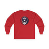 Red crewneck long-sleeve T-shirt, front view with Stealie skull chest logo