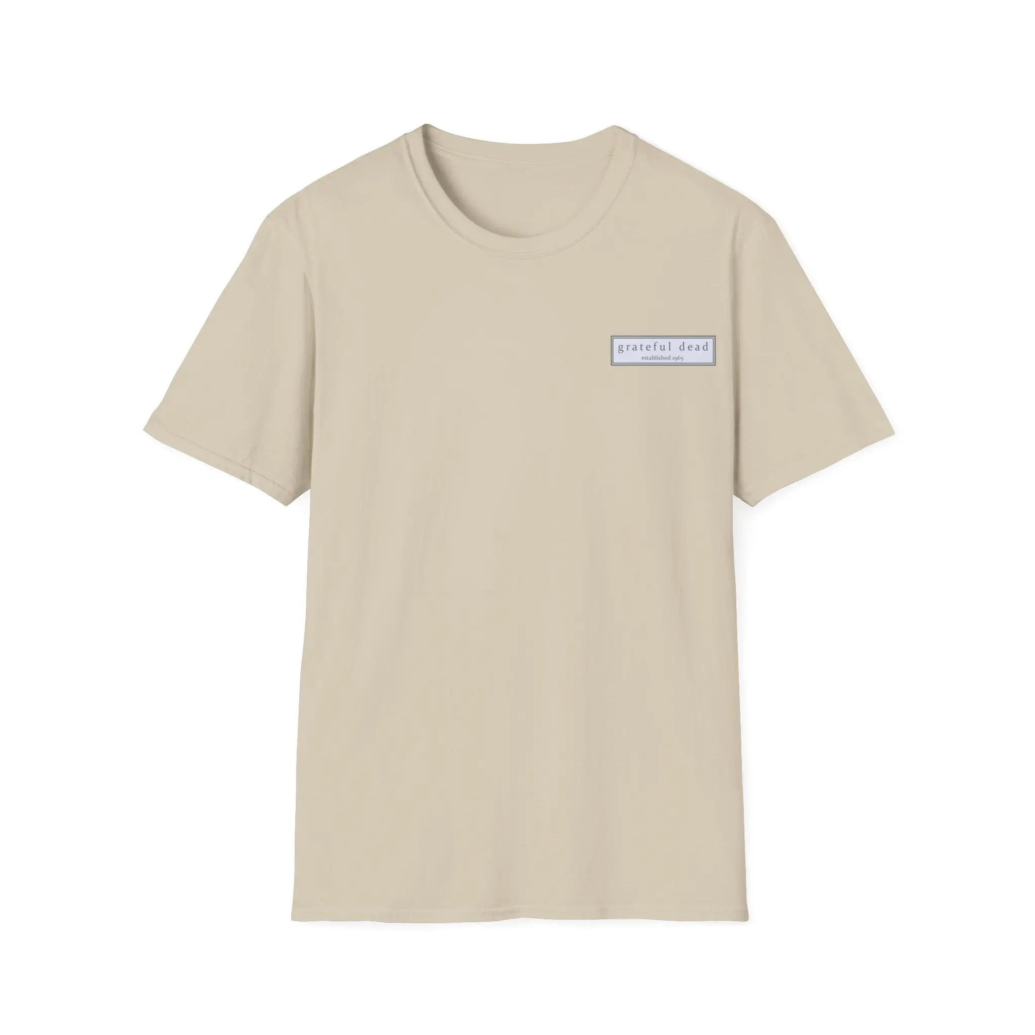 Sand graphic T-shirt with small chest label patch, no front portrait