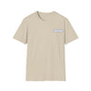Sand graphic T-shirt with small chest label patch, no front portrait