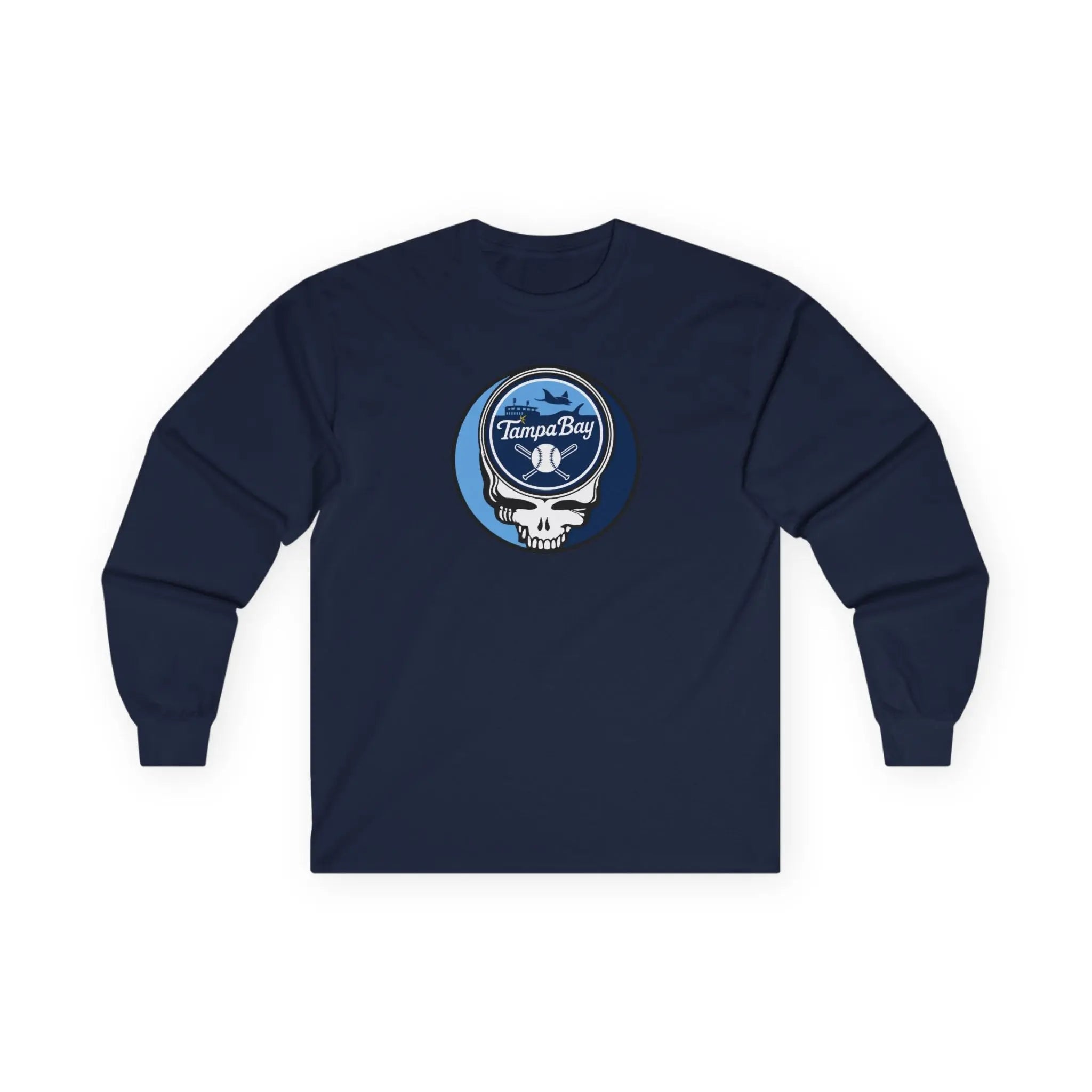 Long-sleeve T-shirt in navy with Tampa Bay logo patch graphic on chest.