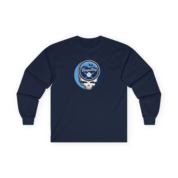 Long-sleeve T-shirt in navy with Tampa Bay logo patch graphic on chest.