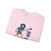 Disc Golfin' Jerry light pink crewneck sweatshirt, cartoon golfer with disc and basket graphic