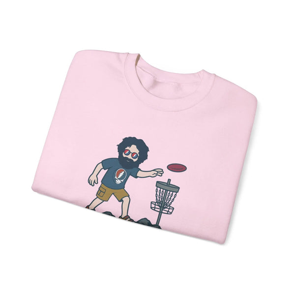 Disc Golfin' Jerry light pink crewneck sweatshirt, cartoon golfer with disc and basket graphic