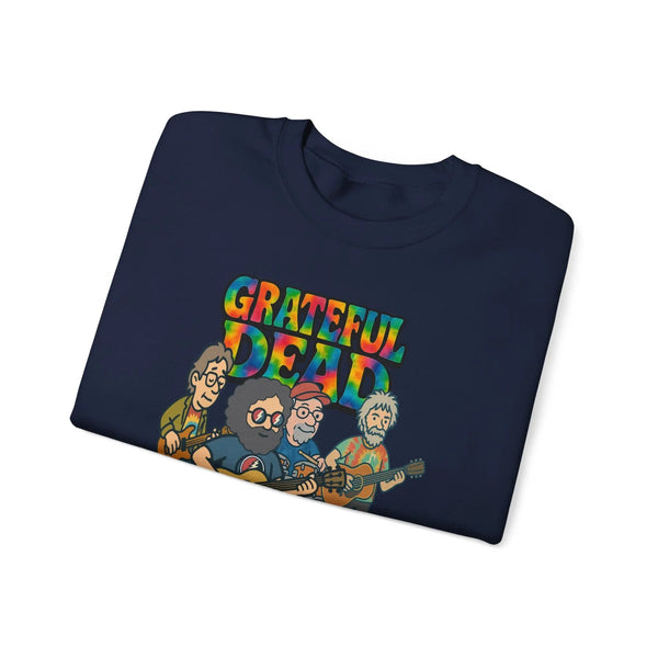 Navy crewneck sweatshirt laid flat, featuring Grateful Dead band chest graphic