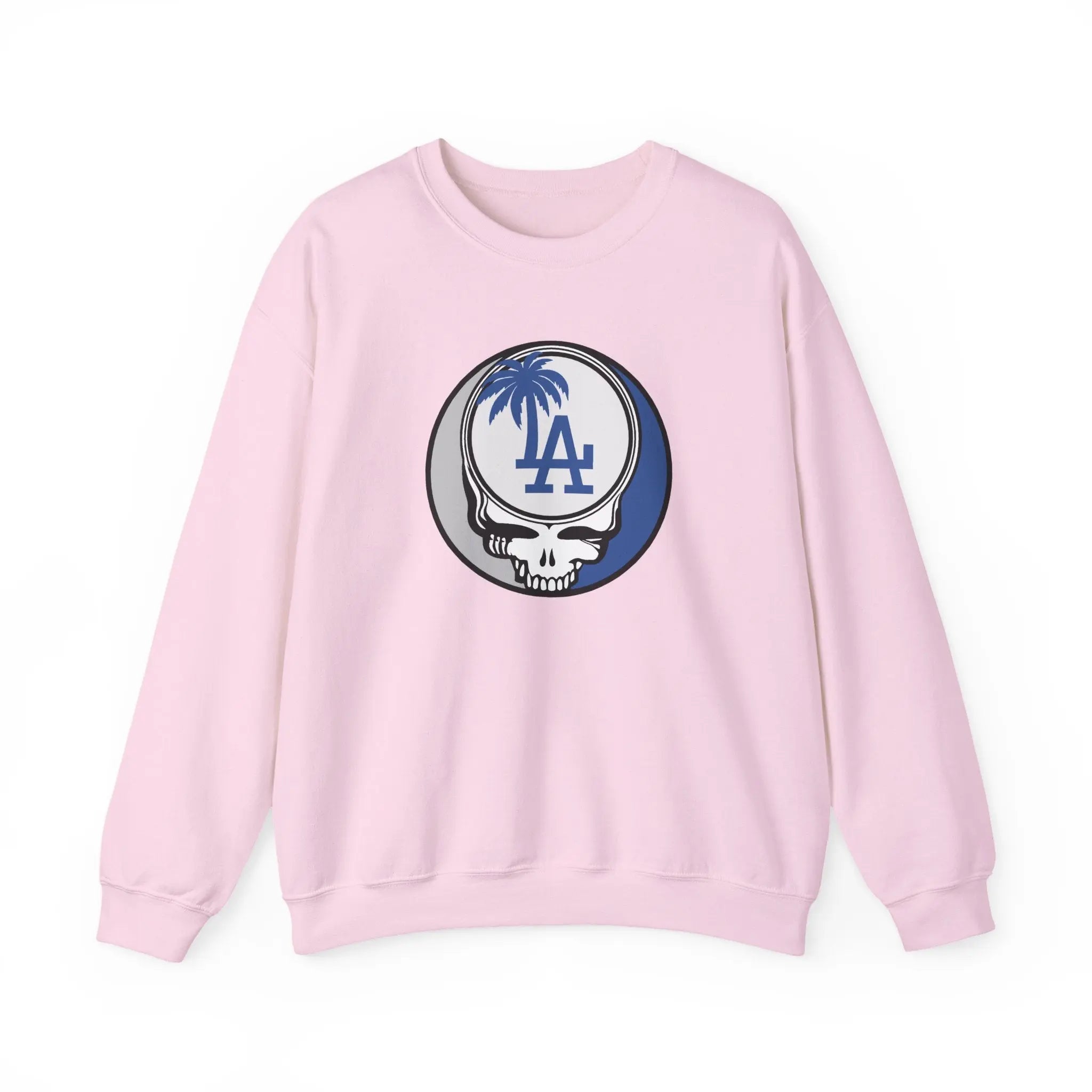 Light pink Los Angeles Dodgers crewneck sweatshirt with circular Stealie logo
