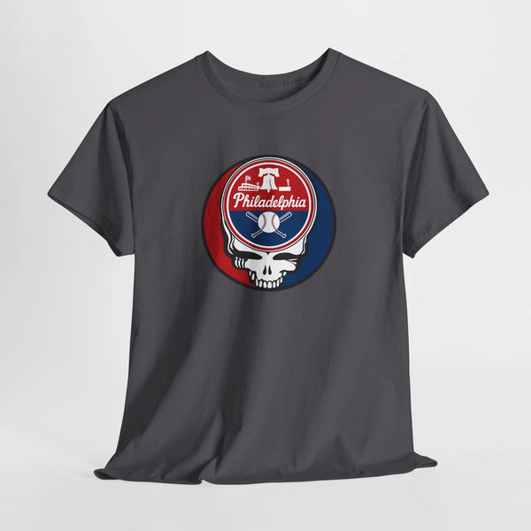 Charcoal crewneck T-shirt with circular Philadelphia mascot logo graphic on front.