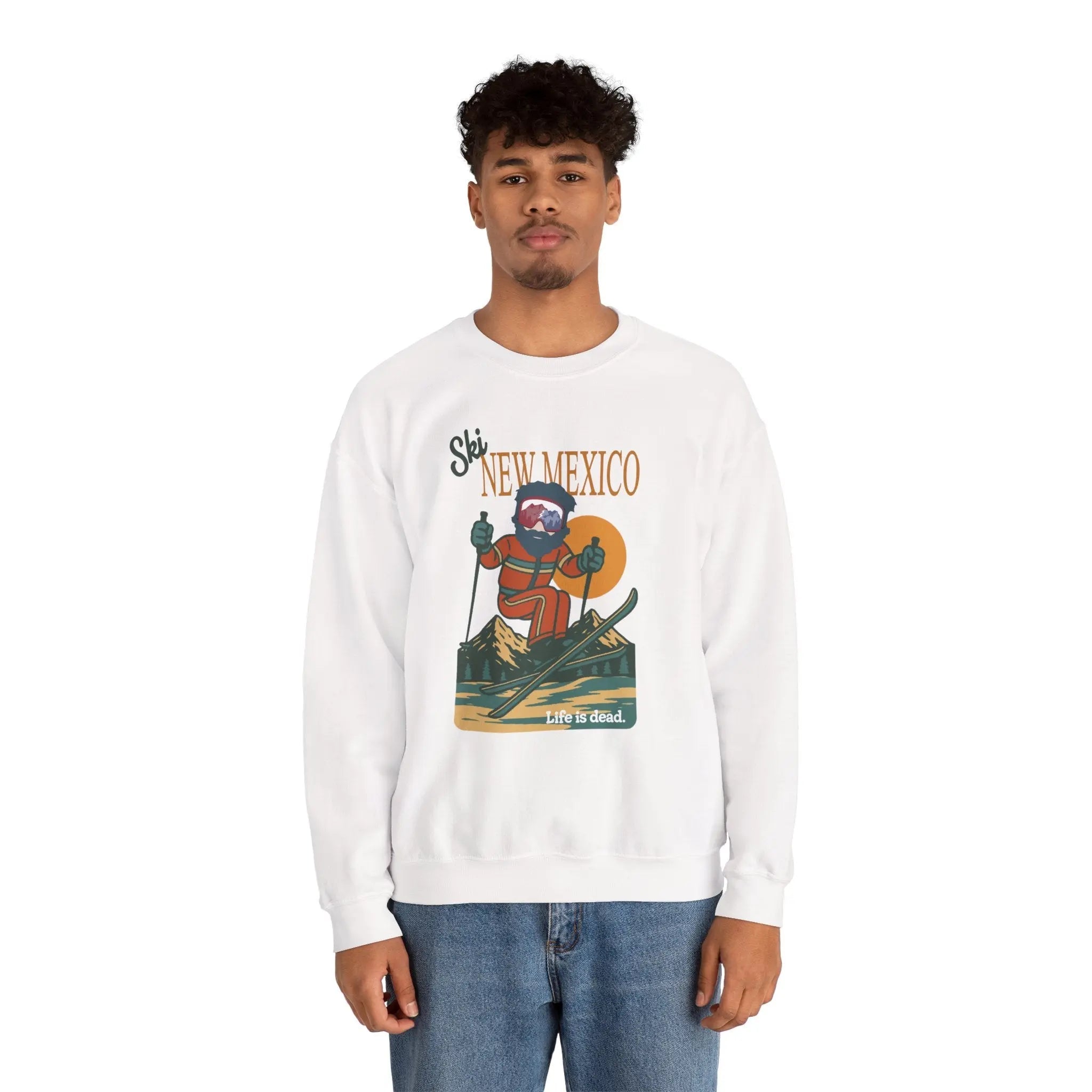 White crewneck sweatshirt with front ski graphic and ribbed cuffs