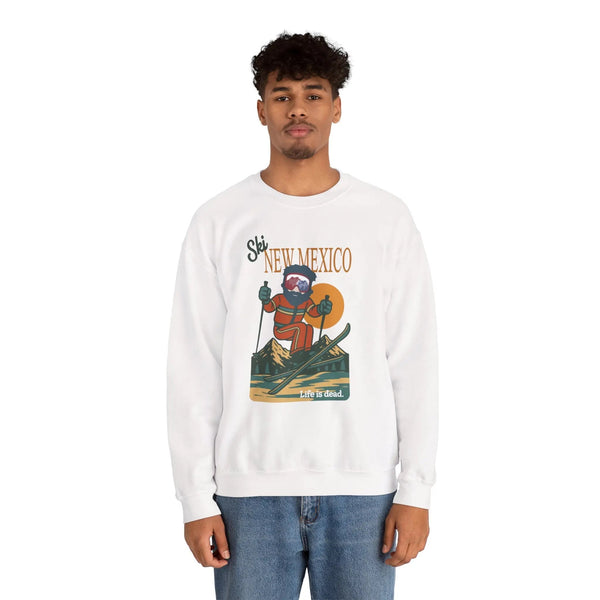 White crewneck sweatshirt with front ski graphic and ribbed cuffs