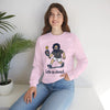Light pink crewneck sweatshirt with cartoon character graphic and 'Life is dead,' modeled