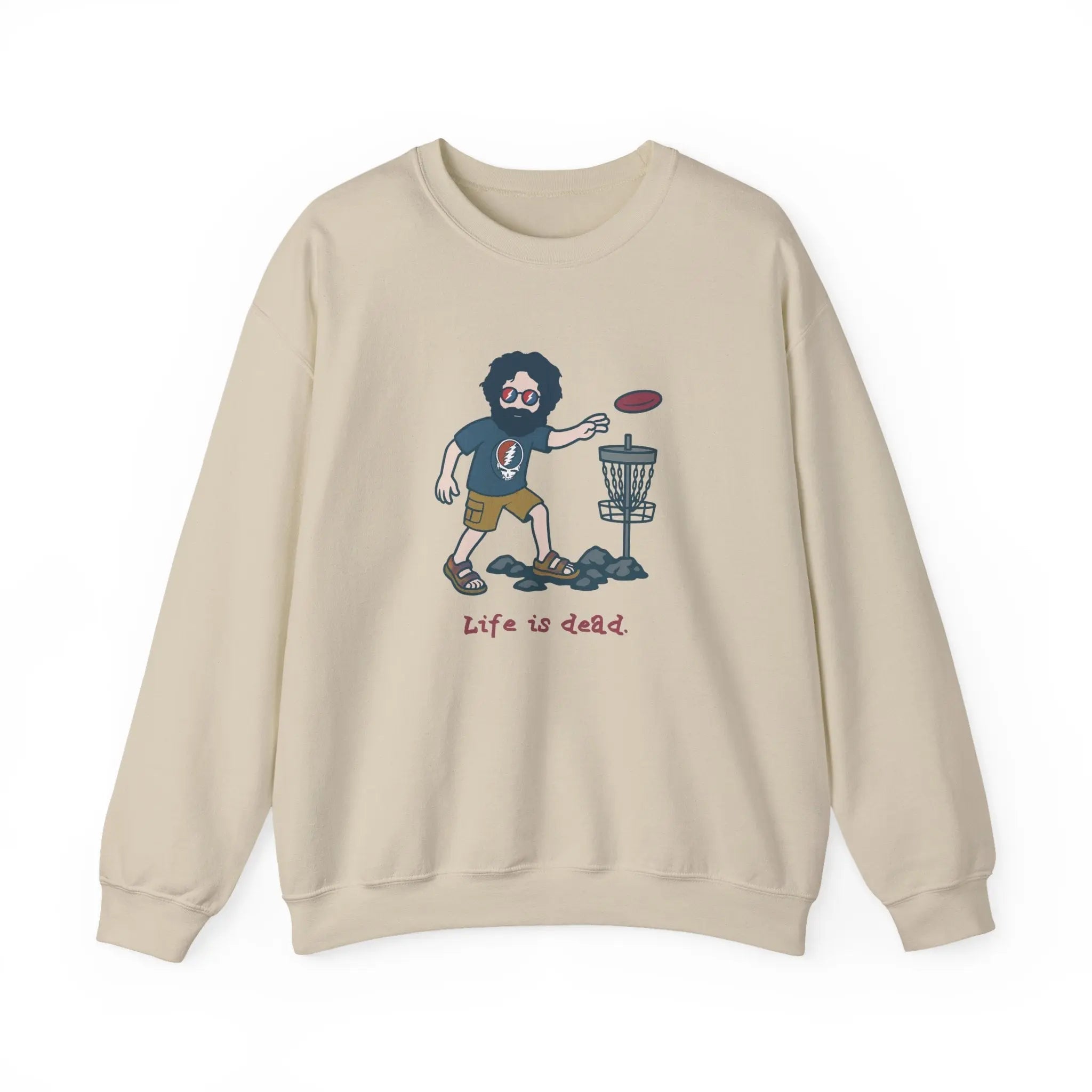 Sand crewneck sweatshirt with front cartoon disc-golf scene graphic