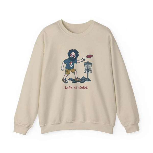 Sand crewneck sweatshirt with front cartoon disc-golf scene graphic