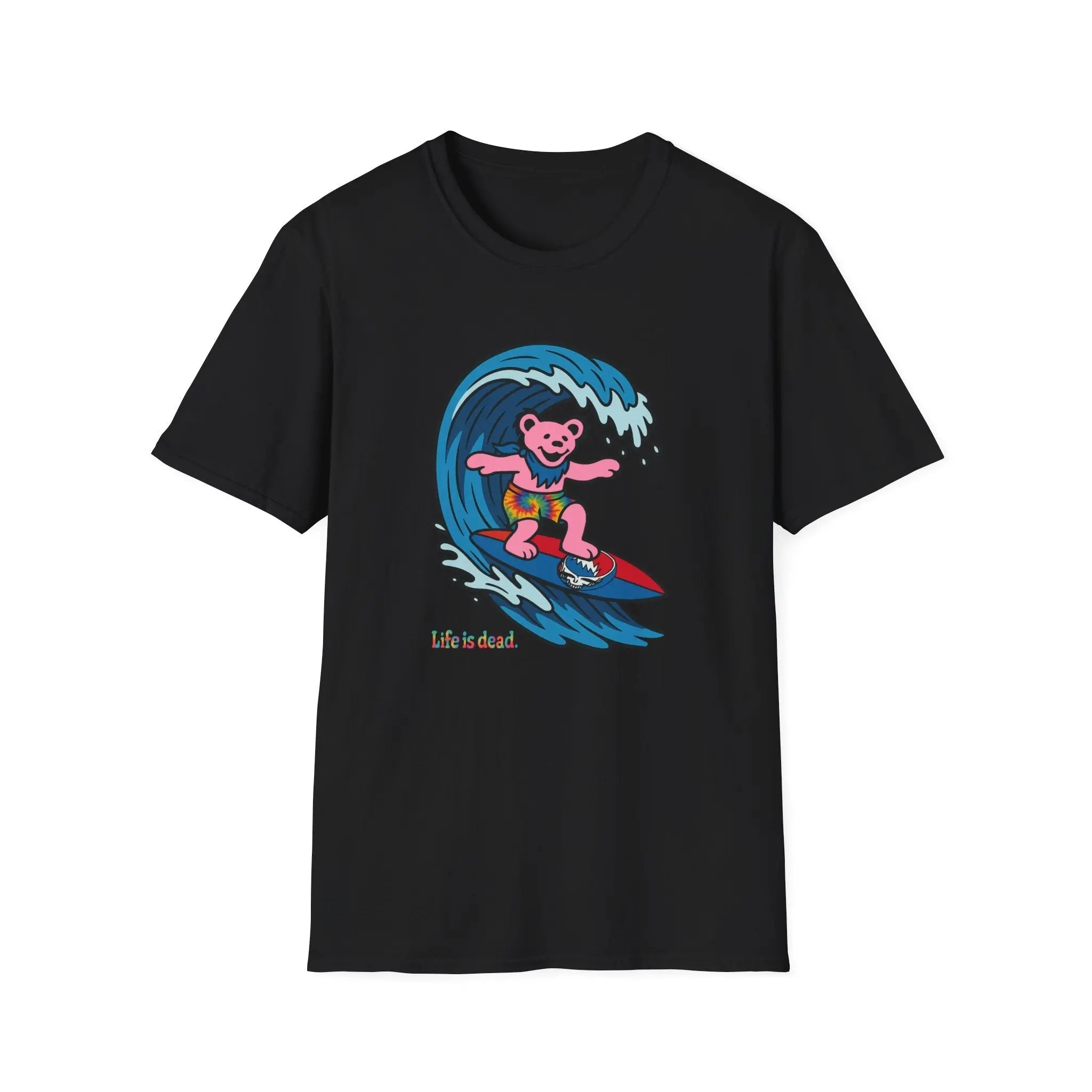 Black T-shirt with pink bear surfing wave graphic and “Life is dead” text