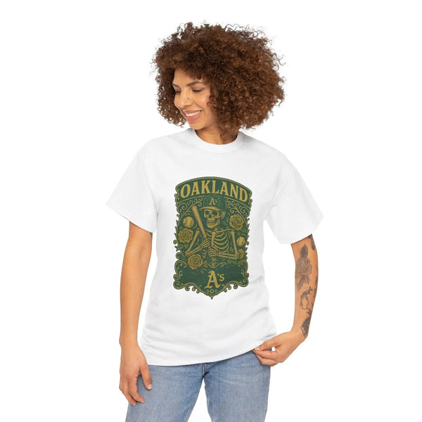 White crew-neck T-shirt with green Oakland A's front graphic