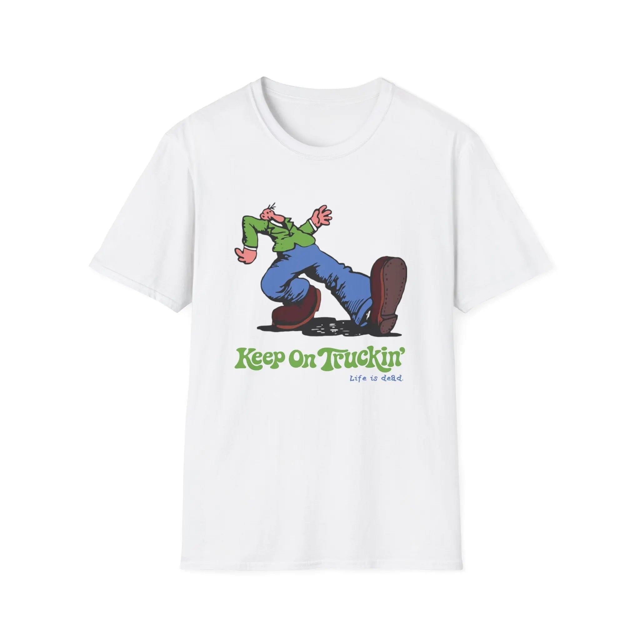 White graphic T-shirt with cartoon rider and 