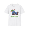 White graphic T-shirt with cartoon rider and "Keep On Truckin'" text on front
