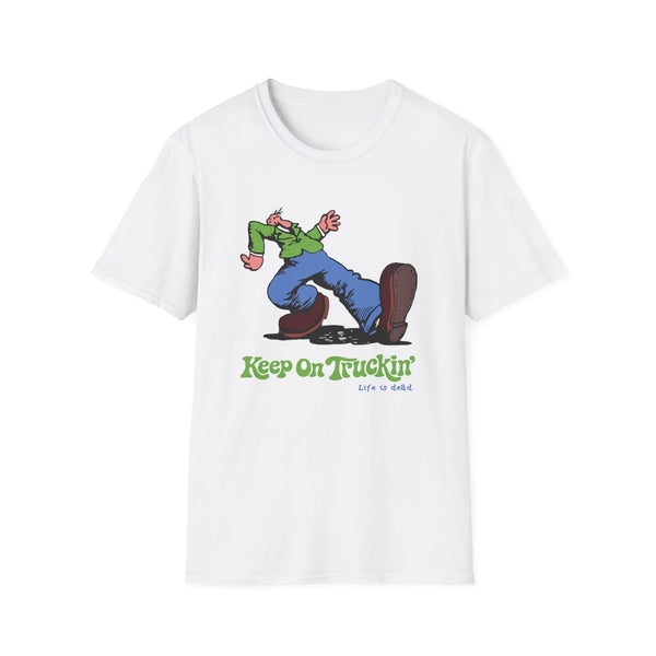 White graphic T-shirt with cartoon rider and "Keep On Truckin'" text on front