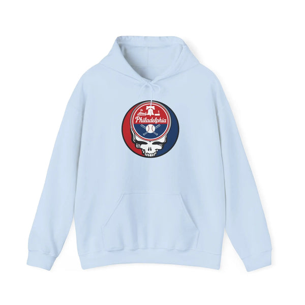 Light blue hoodie with front pouch pocket and circular Philadelphia team logo