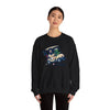 Black crewneck sweatshirt with cartoon car-and-characters graphic on chest