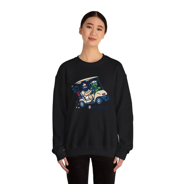 Black crewneck sweatshirt with cartoon car-and-characters graphic on chest