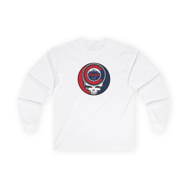 White long sleeve T-shirt with centered Chicago skull emblem