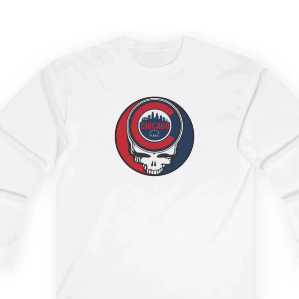 White long sleeve T-shirt with Chicago skull logo print
