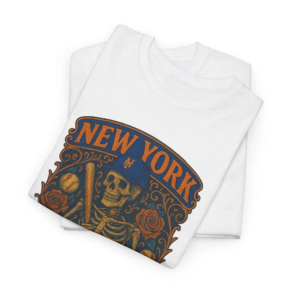 White T-shirt folded stack showing large New York Mets skeleton crest graphic