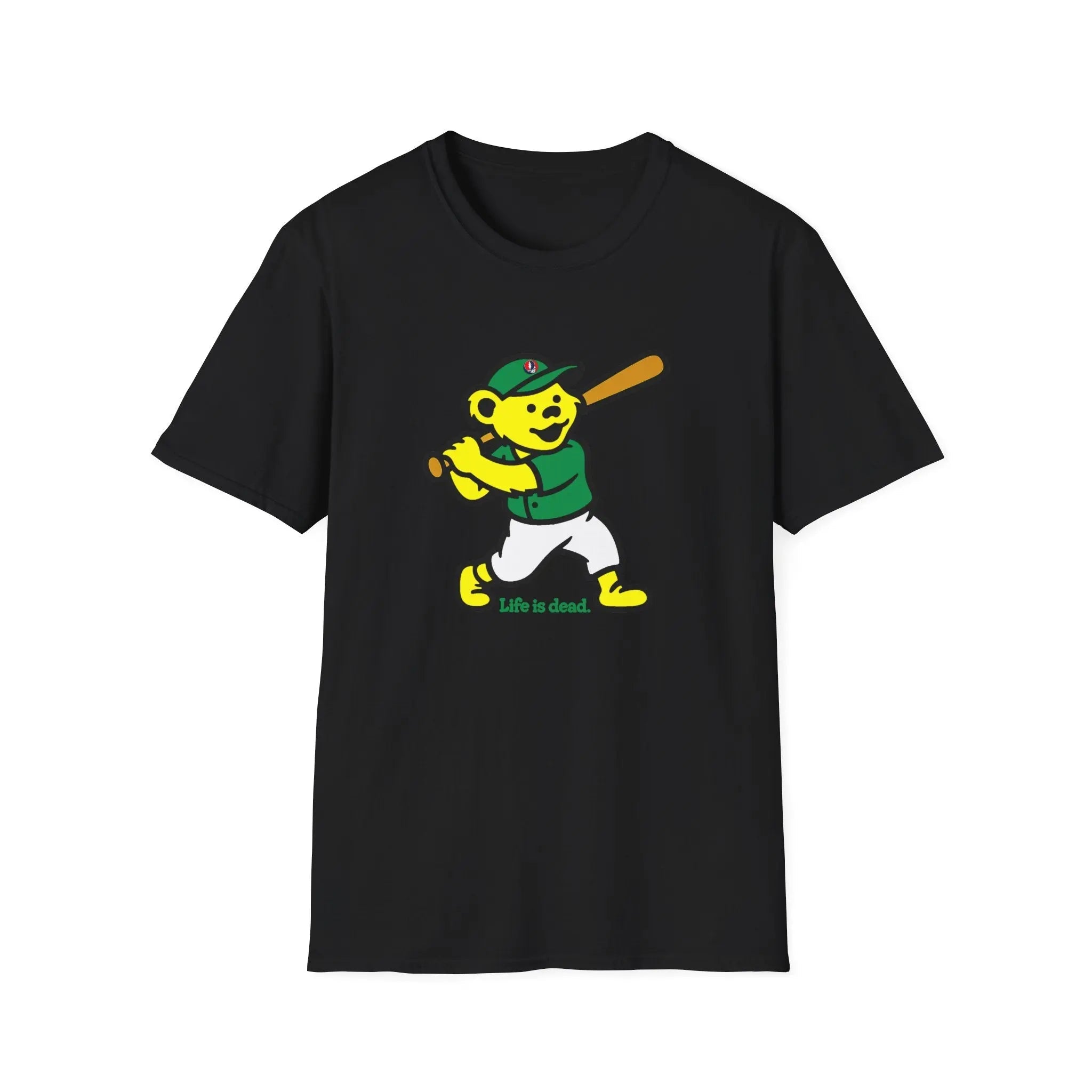 Black T-shirt with dancing bear graphic and text 