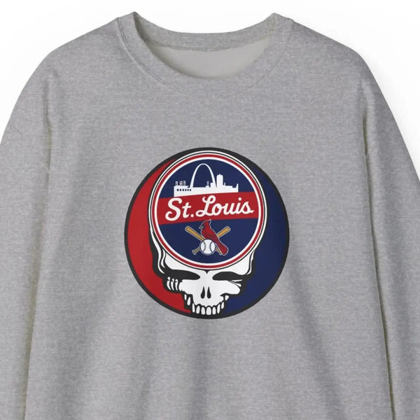Light gray crewneck sweatshirt with St. Louis logo graphic on chest