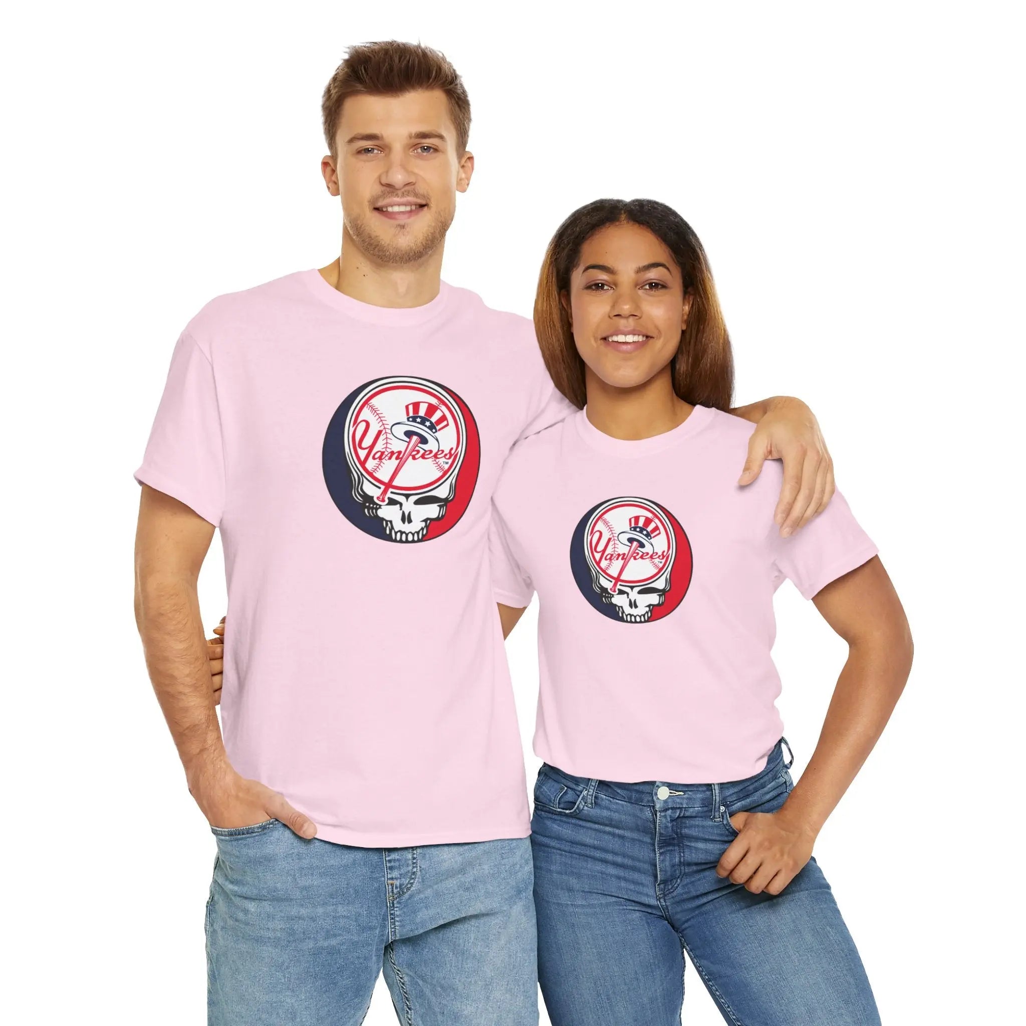 Light pink T-shirt with Yankees Stealie skull logo graphic on chest