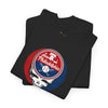 Black crewneck T-shirt with circular Philadelphia mascot logo graphic on front.