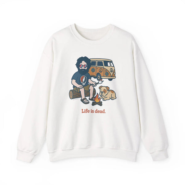 White crewneck sweatshirt on model with camping scene graphic and text on chest.