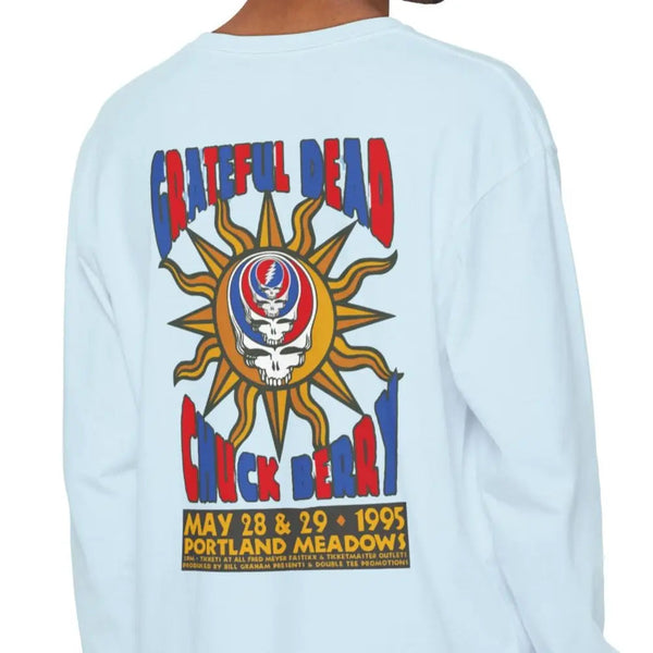 Light blue long-sleeve T-shirt with large back festival skull graphic in red, blue, yellow