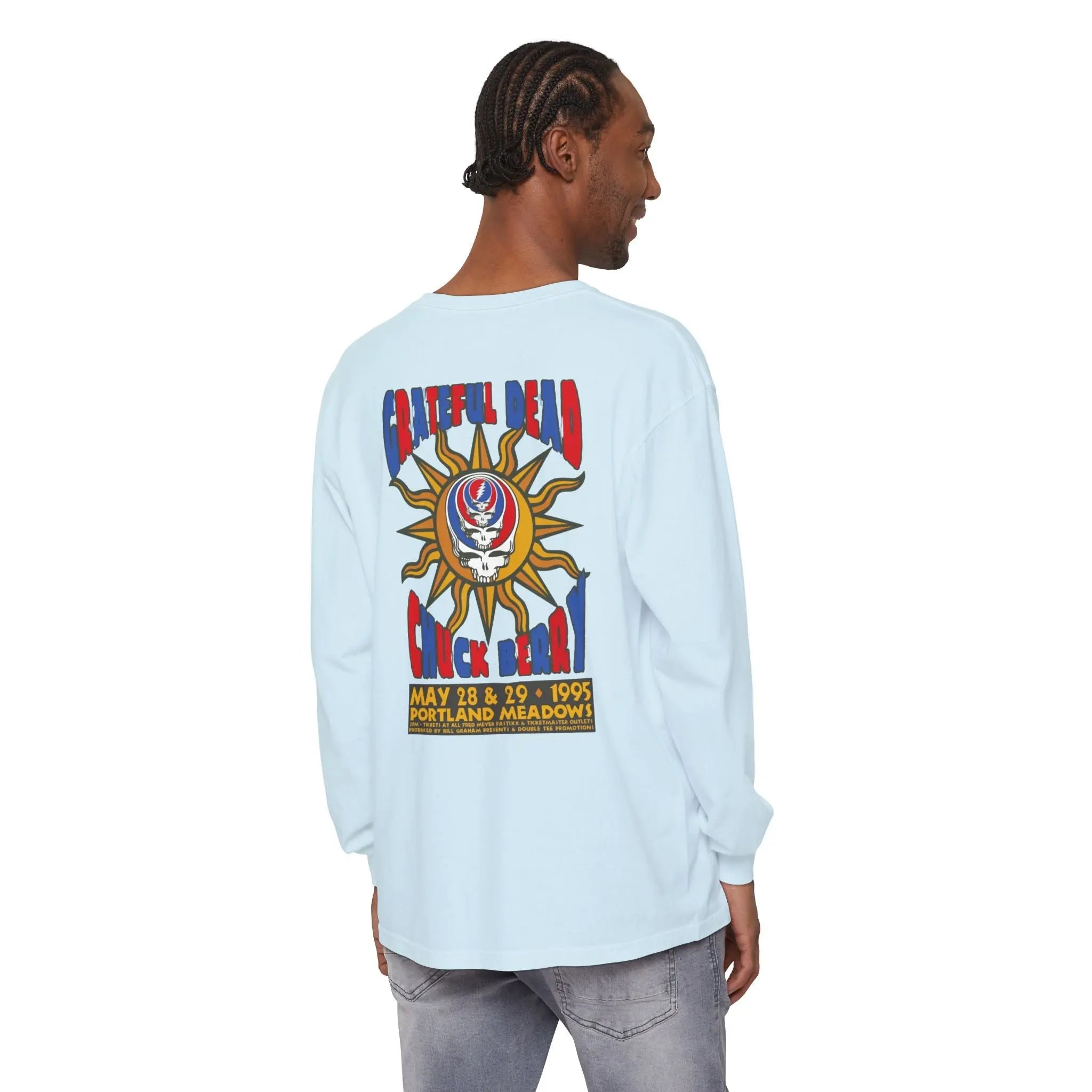 Light blue long-sleeve T-shirt with large back festival skull graphic
